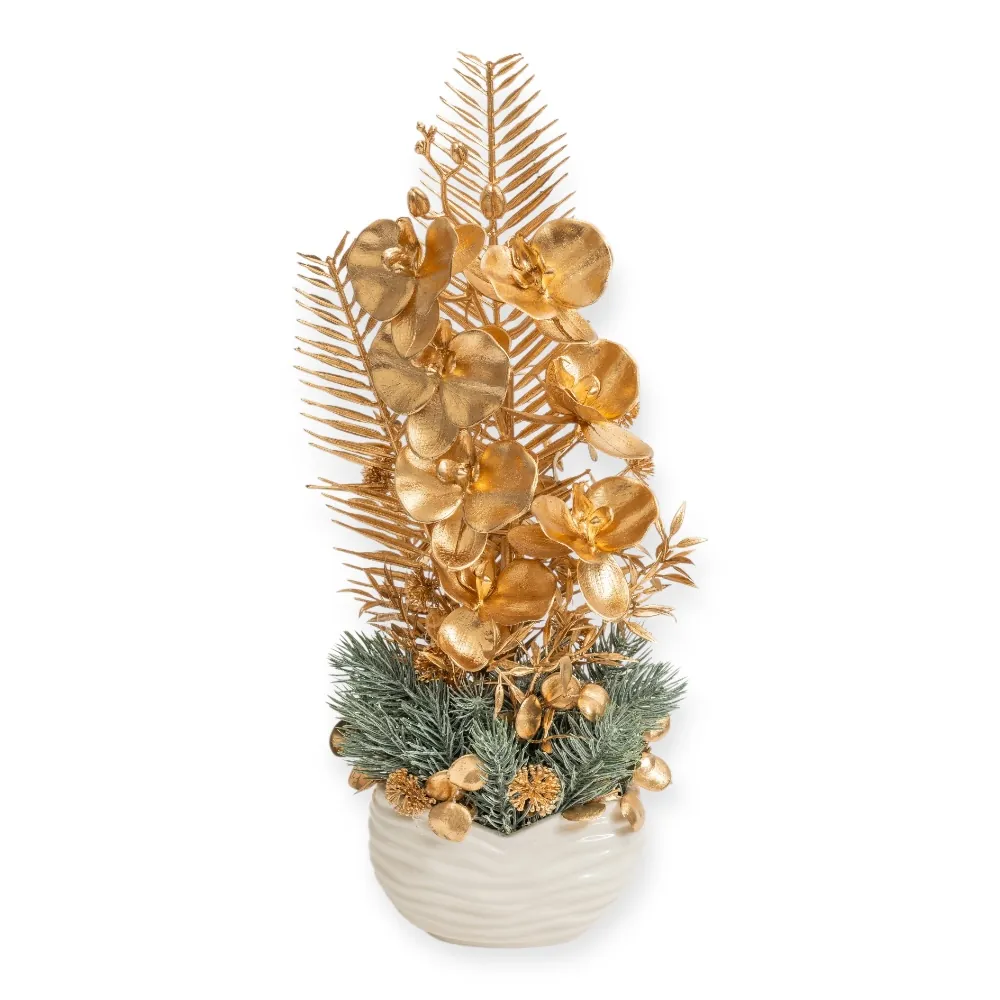 Composizione natalizia verticale con orchidee oro e vaso