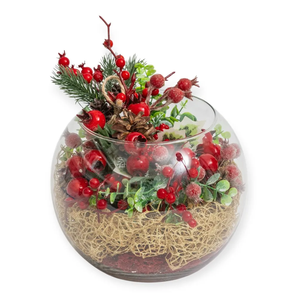 Sfera di vetro con bacche rosse e pigne