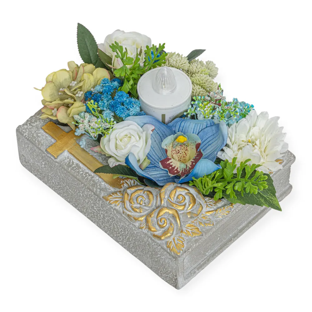 Composizione foglia argento orchidea e rose