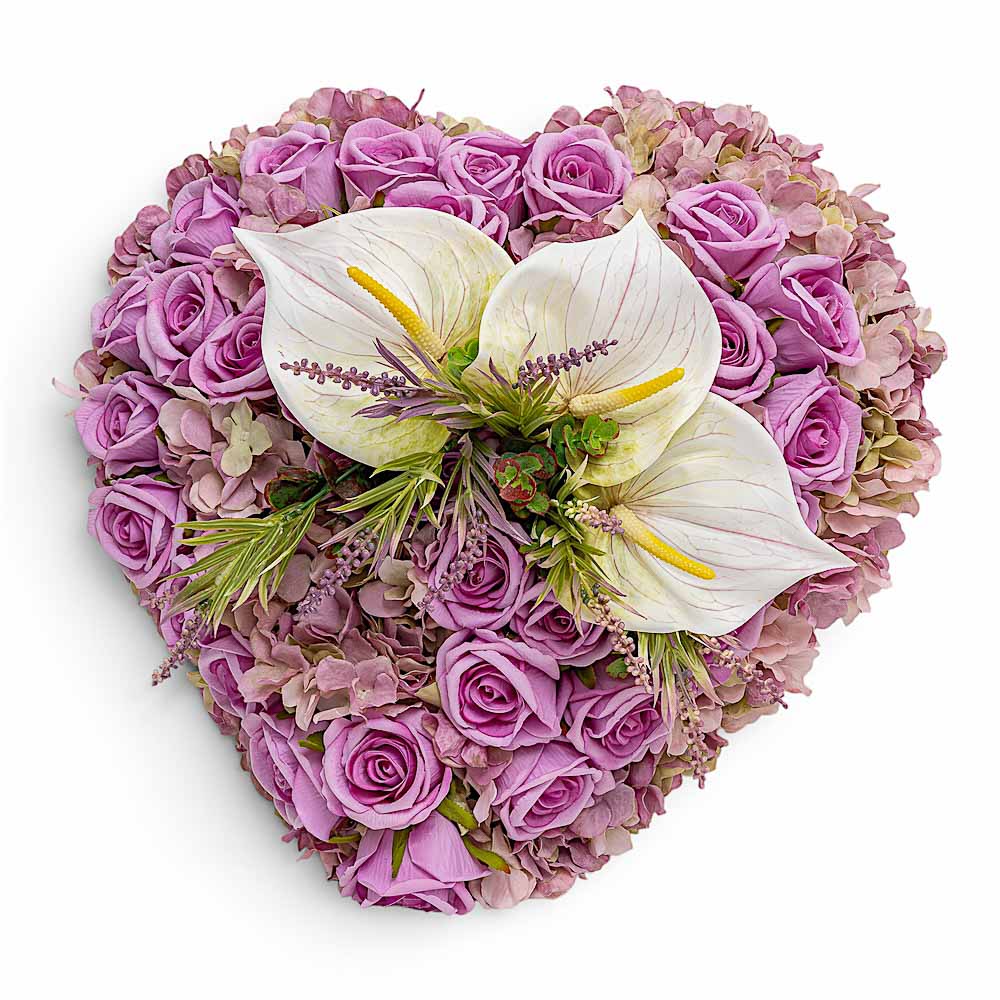 CU042 cuore diametro 55 cm di rose in velluto rosa con anthurium bianco screziato verde